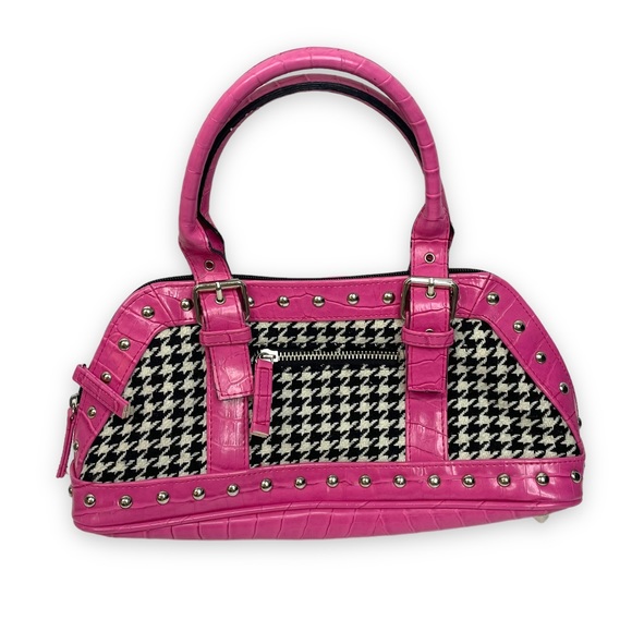 Vintage Handbags - Y2K Hot Pink & Houndstooth Black White Baguette Mini Shoulder Bag Studded
